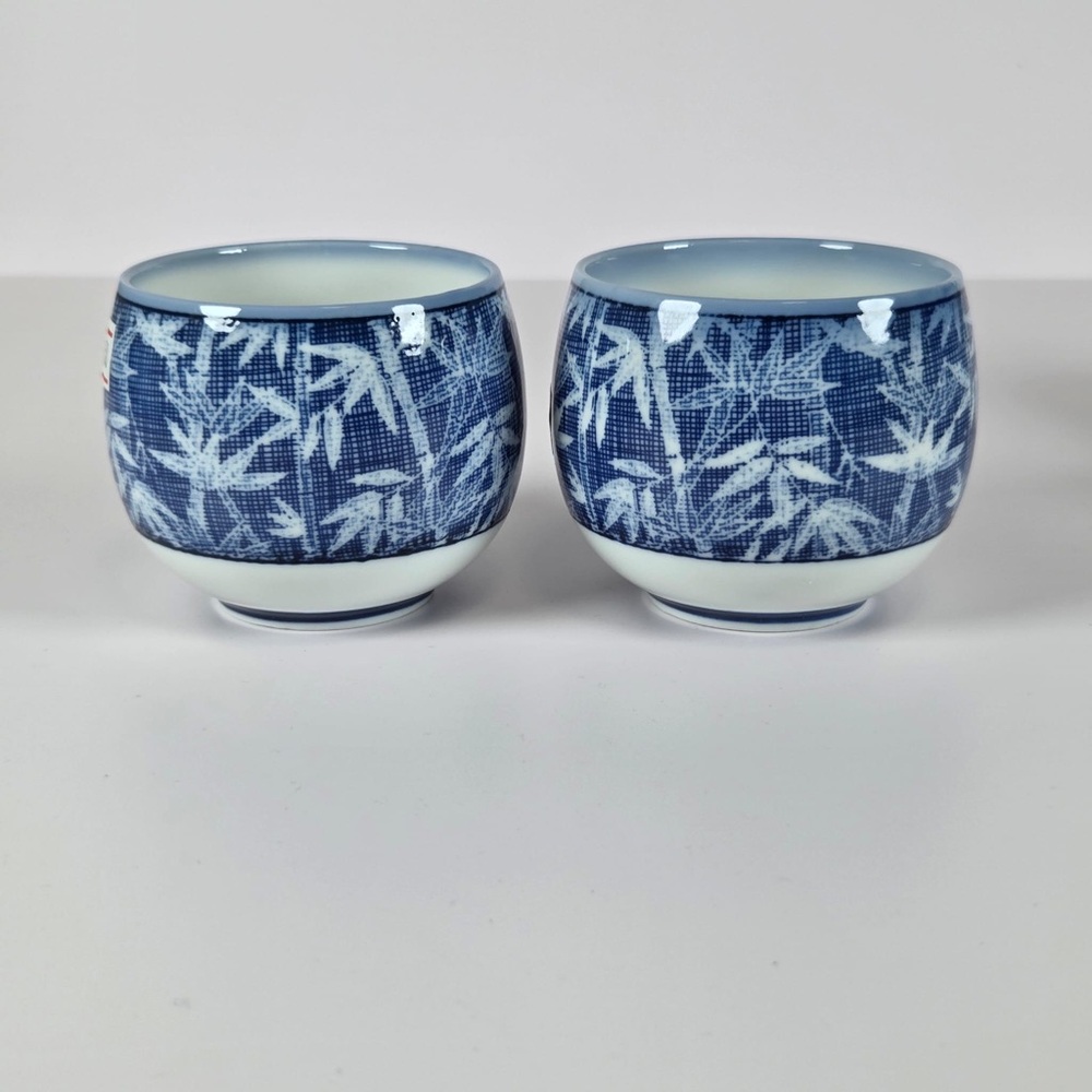 Vintage Japanese Blue and White Ceramic Bamboo Pattern Cups